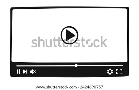 Video player interface in handdrawn style. Online film screen with progress slider bar and buttons. Multimedia mobile app window template for movie playing. Vector doodle illustration.