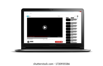 Interfaz de reproductor de vídeo en una pantalla de portátil moderna, plantilla de reproductor de vídeo para su sitio, contenido de medios sociales, ilustración vectorial realista