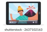 Video player interface on a tablet screen displaying a tourist taking a selfie while smiling and waving, with an erupting volcano creating an exciting backdrop in the landscape