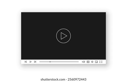 Video player interface with play button and control panel with progress slider, volume control, settings and fullscreen icons. Clean and modern minimalist design for multimedia platforms.