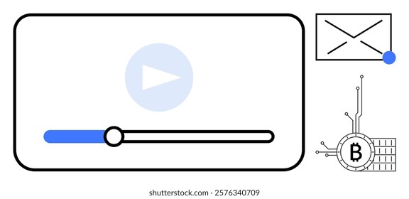 A video player interface with a play button and progress bar, envelope email notification with a blue dot, and a Bitcoin symbol with circuit lines. Ideal for technology, cryptocurrency