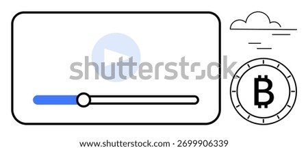 Video player interface with play button, progress bar, Bitcoin cryptocurrency symbol, and cloud icon. Ideal for finance, technology, blockchain, digital currency, online streaming, fintech, and cloud