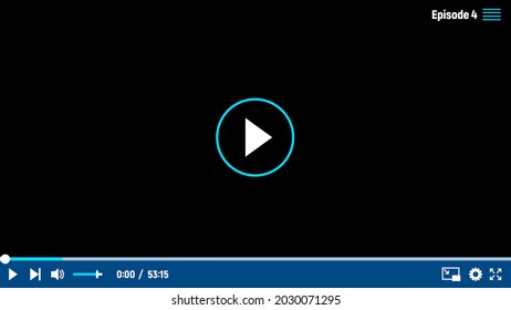 Video player interface vector template, skin ui design with play button, menu bar and slider on black empty screen, sound and settings signs. Digital multimedia online content and movie playing