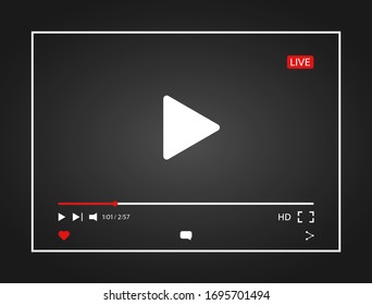 Video player. Interface web screen template. Social media player window bar design mockup. Live stream video background with 10k views. Design element for web and mobile apps. Vector illustration.