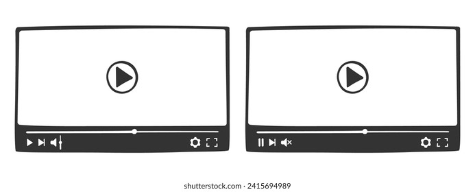 Video player interfaces in doodle style. Hand drawn online film screens with progress slider bar and buttons. Multimedia app window templates for movie playing. Vector graphic illustration