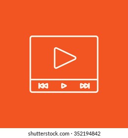 Icono de línea de reproductor de vídeo para web, móvil e infografía. Icono blanco vector aislado en fondo rojo.