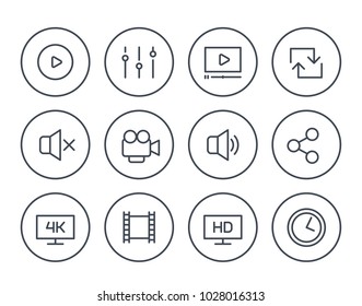 video player line icons set on white