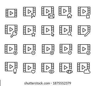 Juego de iconos de la línea del reproductor de vídeo. Elementos vectores de trazo para el diseño de moda. Pictogramas simples para concepto móvil y aplicaciones web. Iconos de línea de vectores aislados en un fondo blanco.