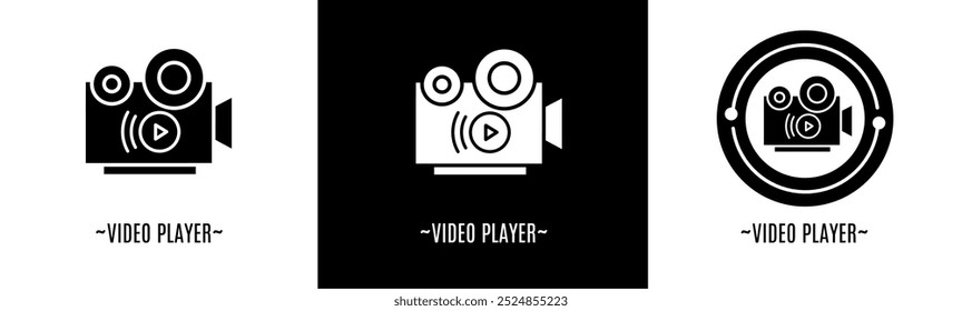 Video player logo set. Collection of black and white logos. Stock vector.