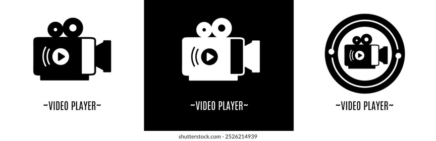 Video player logo set. Collection of black and white logos. Stock vector.