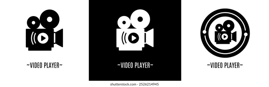 Video player logo set. Collection of black and white logos. Stock vector.