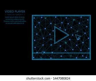 Video player low poly model, play button in polygonal style, multimedia wireframe vector illustration made from points and lines on a black background