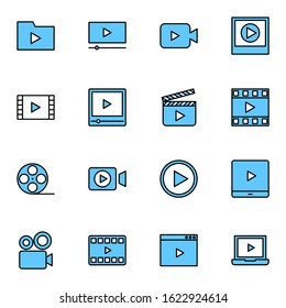 video player and media player icon set. simple video recorder blue colored outline icon sign concept. vector illustration. 