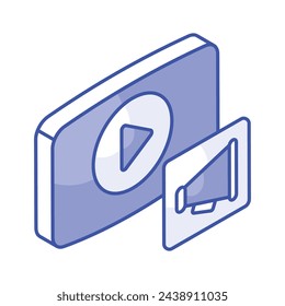 Video player with megaphone showing concept isometric icon of video marketing