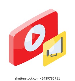Video player with megaphone showing concept isometric icon of video marketing
