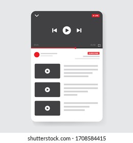 Video player mobile interface. UI design for social media. Mockup live stream phone window