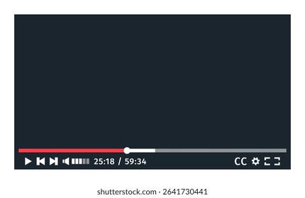 Video Player mockup for Smart TV dark theme. Media ui black interface template for web and apps. Screen with Play stop next progress bar subtitles settings full screen volume buttons.