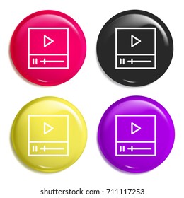 Video player multi color glossy badge icon set. Realistic shiny badge icon or logo mockup