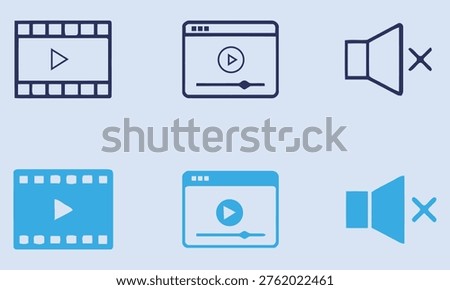 Video Player and Mute Icons on Blue Background, Vector Set