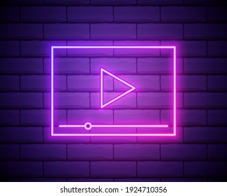 Video player neon interface, isolated vector illustration. VIdeo player glowing sign isolated on brick wall background