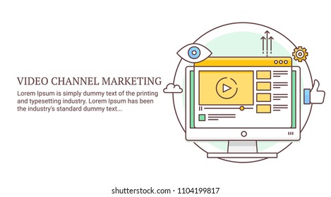 Video player on computer screen - Video marketing, Viral video flat line vector illustration with icons
