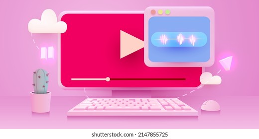 Video player on computer screen. Multimedia concepts. Cute design graphic elements. Vector illustration