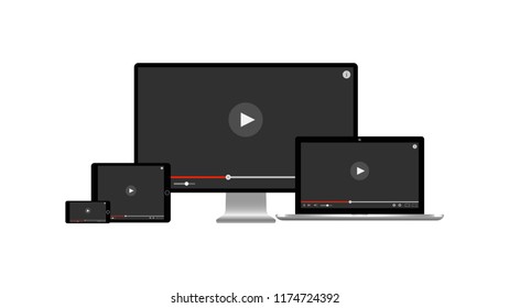 video player on an isolated multiple devices ( desktop monitor laptop tablet and smartphone ) screen with play button. Vector of video player on a various devices . EPS10 compatible