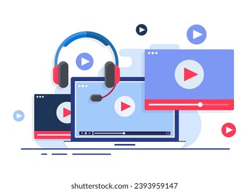 Video player on laptop computer screen with headphone flat illustration, Concept of online video, watch movies, educational materials, web courses, online education, e-learning, and video tutorial