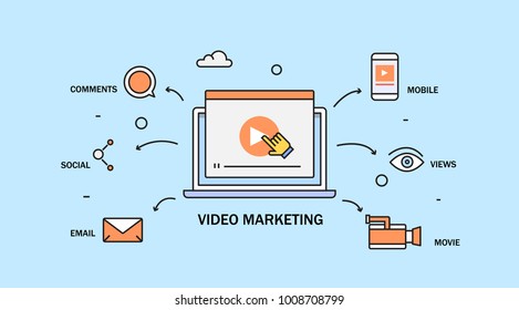 Video player on laptop screen, playing online video line vector illustration with icons