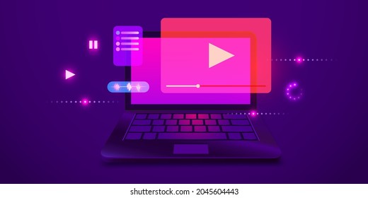 Video player on laptop screen. Multimedia concepts. Modern futuristic design graphic elements. Vector illustration