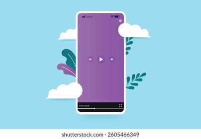Video player on phone screen - Mobile smartphone in front view playing video with buttons and timeline. Flat design vector illustration on light blue background