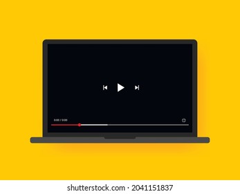 Video player on screen laptop. Vector illustration isolated on yellow background with shadow.