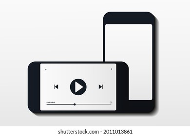 Video player on smart phone screen. Rotate smartphone while watching video. Film paused, buffering. Streaming on phone. Device rotation. Illustration vector