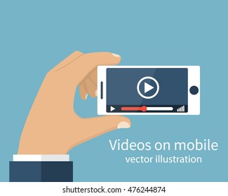 Video player on smartphone. Hand holds phone. Mobile video streaming technologies. App on phone for watching movies. Vector illustration flat design.