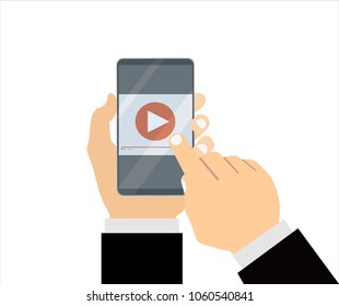 Video player on smartphone in the hands of a man. Vector illustration