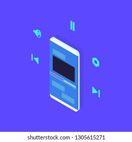 Video player on smartphone. Isometric video player interface for web and mobile apps. Video player concept.