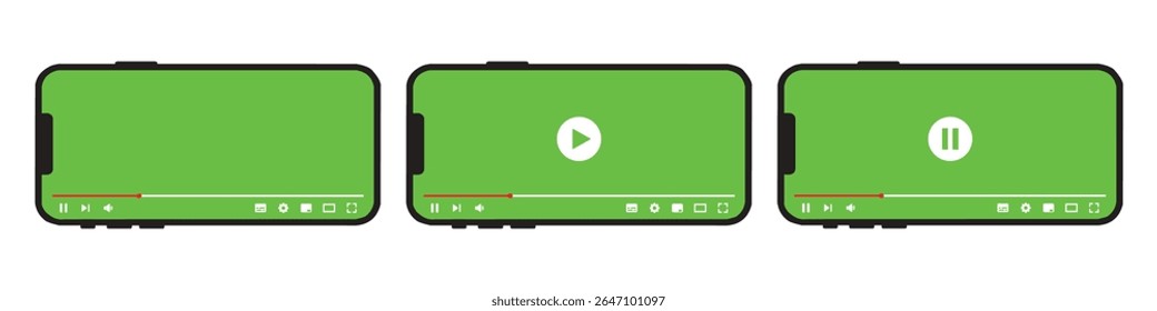 Video player on Smartphone screen template icon. Multimedia player template icon, green screen vector illustration