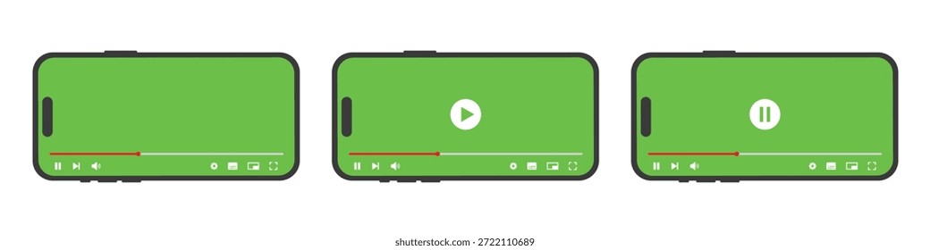 Video player on smartphone screen template icon. Multimedia player template icon. Green screen vector illustration.