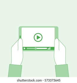 Video player on the tablet in man's hands. Marketing concept. Vector illustration, flat minimal design. Mobile device. 