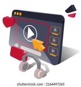 Video-Player. Online-Video. 3D-Modell eines Computerbildschirms mit Video-Player und Kopfhörer. Videos online ansehen. Vektorgrafiken auf weißem Hintergrund