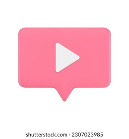 Video player pink speech bubble cyberspace alert media content live streaming 3d icon realistic vector illustration. Multimedia blog vlog internet movie cinema entertainment notification button