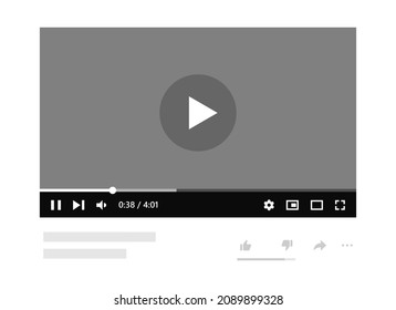 Video player with popular website design elements. Video interface template for channel wireframe. Simple buttons for social media concept.