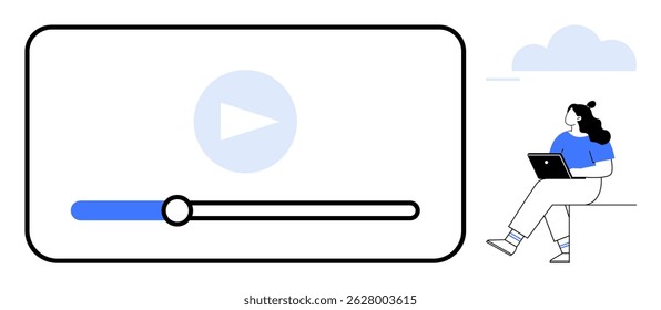 Reprodutor de vídeo com barra de progresso e botão de reprodução, mulher sentada usando um tablet. Ideal para mídia digital, aprendizado on-line, streaming de vídeo, tecnologia, trabalho remoto, entretenimento, conteúdo de mídia social