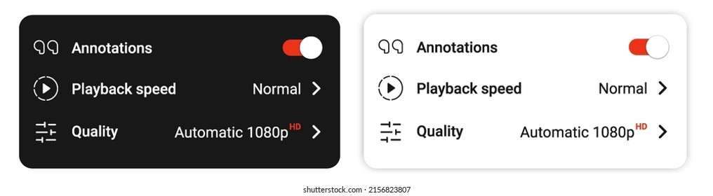Video player quality section and other tools bar. Video quality icon and dimensions set. Video settings icons. Gear settings collection. Video quality 1080p