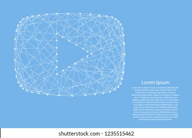 Video player round button  in TV screen icon from abstract futuristic polygonal white lines and dots on blue background for banner, poster, greeting card. Vector illustration.