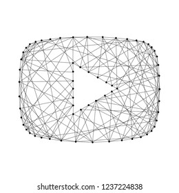 Video player round button  in TV screen icon from abstract futuristic polygonal black lines and dots. Vector illustration.
