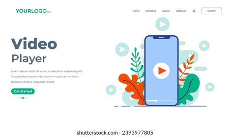 Video player screen on smartphone flat illustration for landing page, UI, mobile app, Education, or e-learning and video tutorial