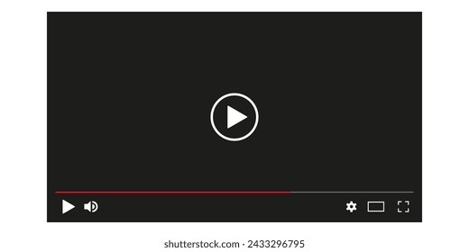 Video player screen. Play movie vector template. Music video interface mockup.  Web video browser display with play button. Isolated template on white background.