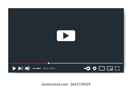 Video Player screen template. Social media, web, mobile Interface mockup ui ux. Media app display. Multimedia viewer access. Playback software design in dark theme and flat style