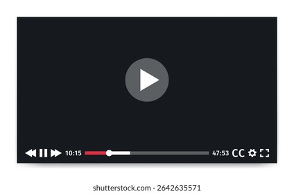 Video Player Screen template. Social media, web, mobile Interface mockup ui ux. Media app display. Playback software design in dark theme and flat style. Simple Multimedia viewer access.
